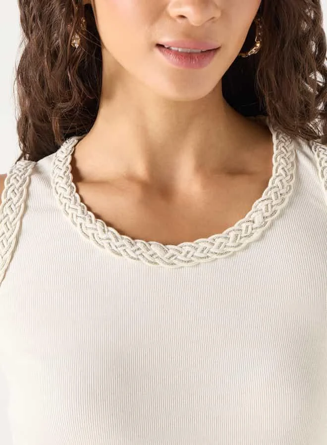 Iconic Iconic Textured Sleeveless Top with Scoop Neck and Braided Detail