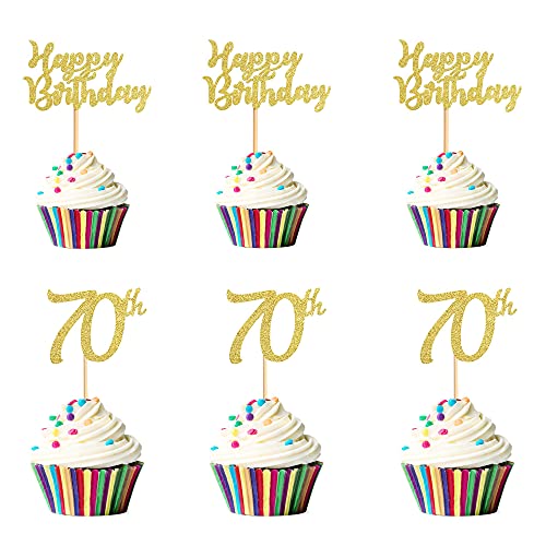 Festiko®Pack of 24 Gold Glitter Happy Birthday 70 Cupcake Topper 70th Birthday Cupcake Food Picks for Celebrating Seventy Years Old Birthday Party Decorations Supply - Image 1