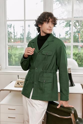 Betusline Men's Safari Linen Jacket Casual Long Sleeve Military Lightweight Cargo Jacket with Pockets, Green, 2XL - Image 4