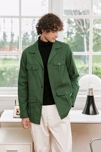 Betusline Men's Safari Linen Jacket Casual Long Sleeve Military Lightweight Cargo Jacket with Pockets, Green, 2XL - Image 5