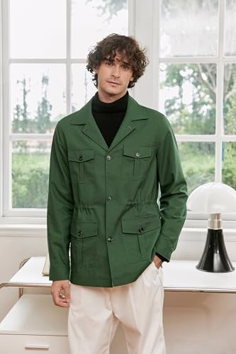 Betusline Men's Safari Linen Jacket Casual Long Sleeve Military Lightweight Cargo Jacket with Pockets, Green, 2XL - Image 3