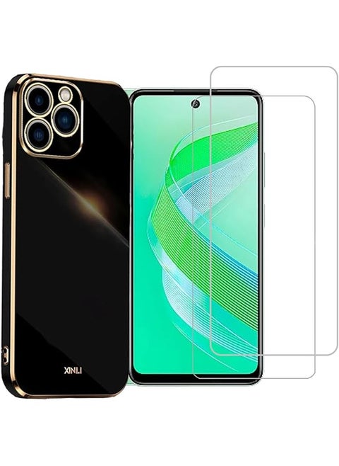 1 Plus 2Pcs Compatible For Infinix Smart 8 Case And Screen Protector Plating Tpu Soft Tempered Glass Cover With 360 Degree Cover Anti Scratch Anti Collision Black Black