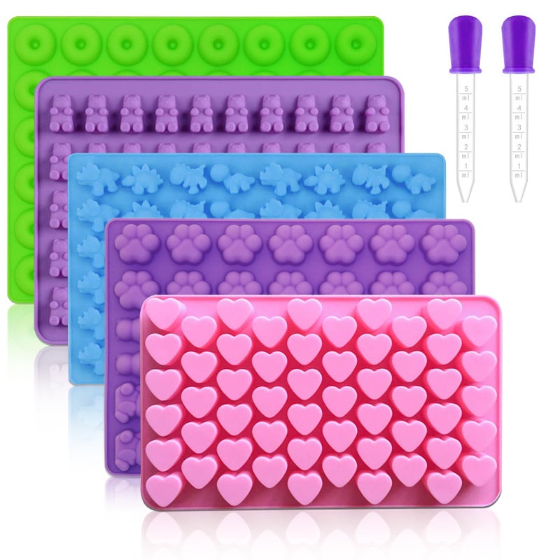 Pharamat Silicone Gummy Molds Set of 5 Candy Molds with 2 Droppers for Convenient Filling Silicone Gummy Molds Set Includes Dinosaur Bear Donut Heart and Cat Shapes