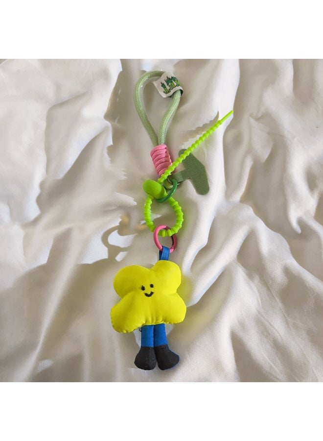 Korean Style Orange Flower Little Man Rope Pendant Mobile Phone Lanyard Bag Hanging Ornaments Woven Short Mobile Phone Case Universal-Specification:Green Flower Dwarf Rope Pendant + Matcha Green Triangle