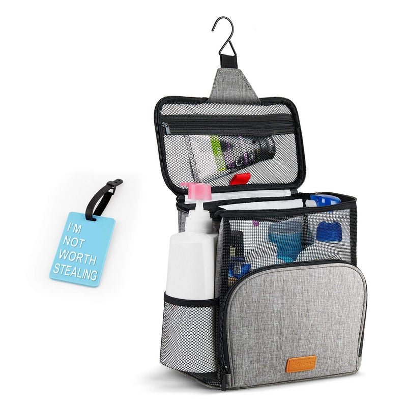 Hiverst Hiverst Hanging Toiletry Bag  Shower Caddy Tote Bag (Updated Version  Full Size Bottle Compatible)  Bath Organizer for College Dorms  Gym  Camp  Women Men  with Funny Luggage Tag