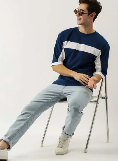 Maniac Maniac Men's 3-4th sleeve Round Neck Navy and White Cotton OversizedFit Tshirt
