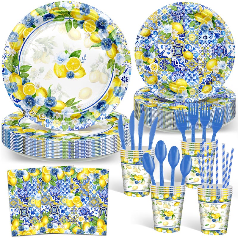 Avezano 192 Pcs She Found Her Main Squeeze Bridal Shower Decorations Capri Lemon Bridal Shower Plates and Napkins Set Lemon Baby Shower Birthday Party Supplies for 24 - Image 1
