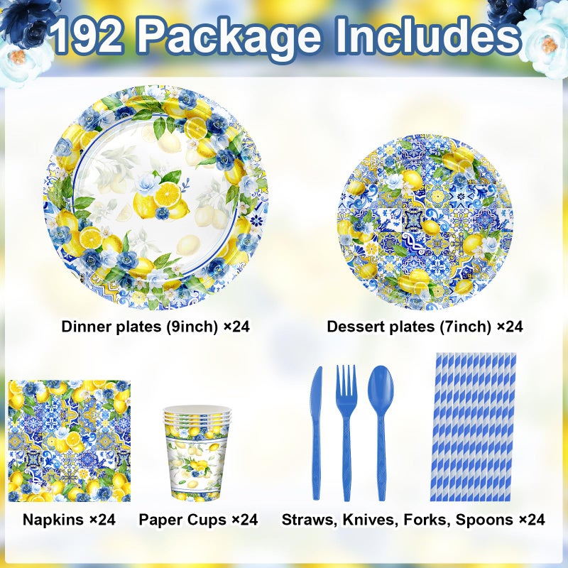 Avezano 192 Pcs She Found Her Main Squeeze Bridal Shower Decorations Capri Lemon Bridal Shower Plates and Napkins Set Lemon Baby Shower Birthday Party Supplies for 24 - Image 2