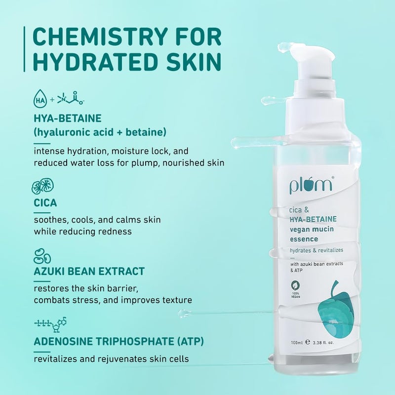 Plum Plum Cica  HYABETAINE Vegan Mucin Essence  Intense Hydration Soothing  Rejuvenation  with Azuki Bean Extracts  ATP  Light QuickAbsorbing  NonSticky  All Skin Types  Women  Men  100ml  - Image 5