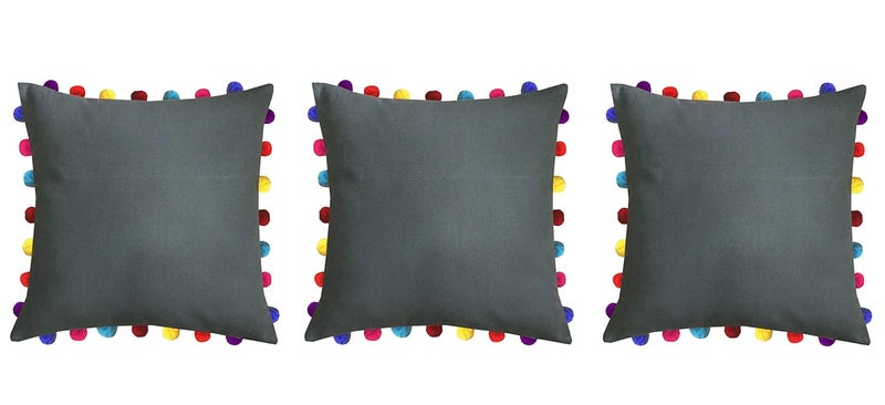 Lushomes Cushion Cover 20x20 Boho Cushion Covers Sofa Pillow Cover Cushion Covers with Tassels Cushion Cover with pom pom 20x20 Inches Set of 3 Grey - Image 1