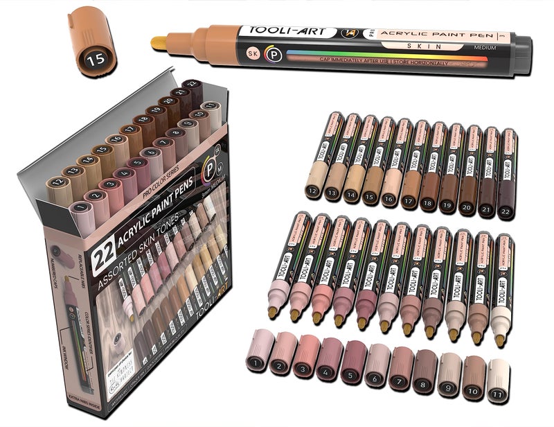 TOOLI-ART TOOLIART 22 Acrylic Paint Markers Paint Pens Pro Color Series Set 3mm Medium Tip for Rock Painting Glass Mugs Wood Metal Glass Paint Canvas DIY Non Toxic Waterbased Quick Drying SKIN - Image 2
