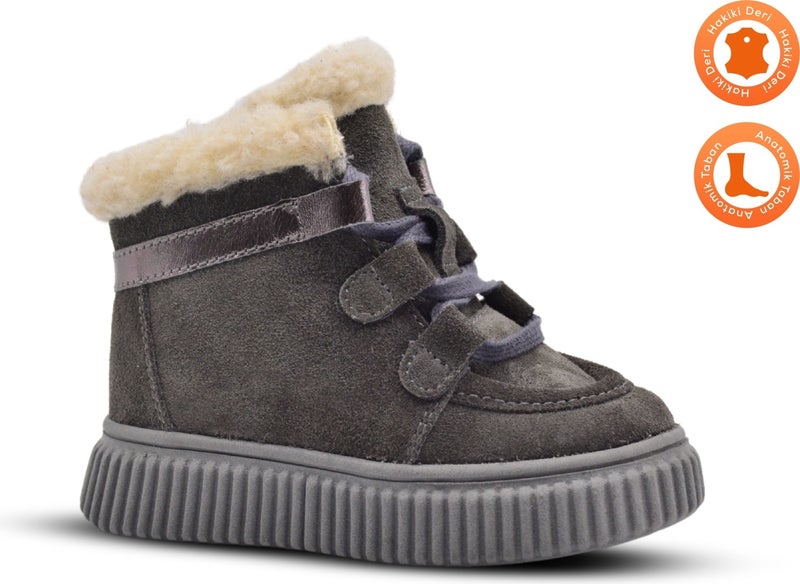 Kids A More Adia Nubuck Plush Fur Girls Boots Smoke Color - Image 1