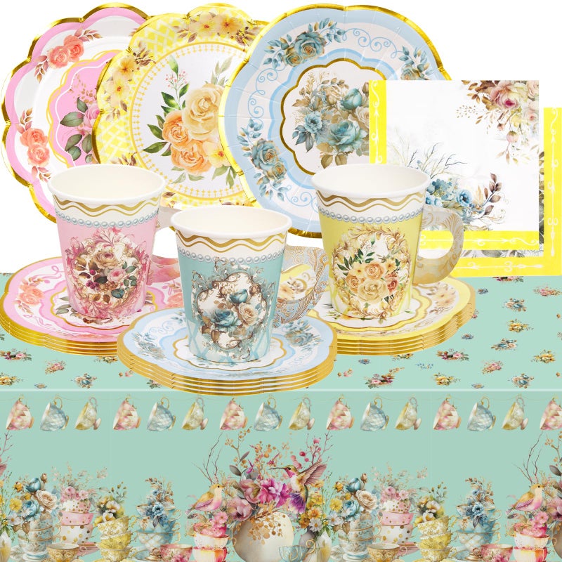 WorldBazaar Tea Party Supplies Floral Party Dinnerware 12 Set Paper Tea Cups and Saucers, Plates Napkins Tablecloth Birthday Table Decorations Girls Kids Adults Woman - Image 1