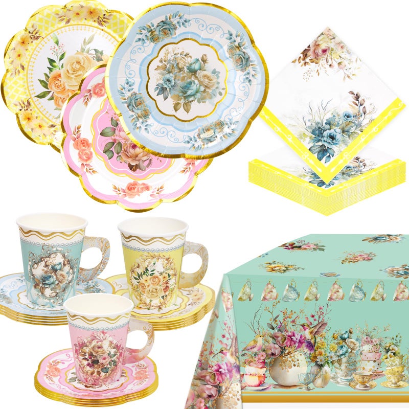 WorldBazaar Tea Party Supplies Floral Party Dinnerware 12 Set Paper Tea Cups and Saucers, Plates Napkins Tablecloth Birthday Table Decorations Girls Kids Adults Woman - Image 2