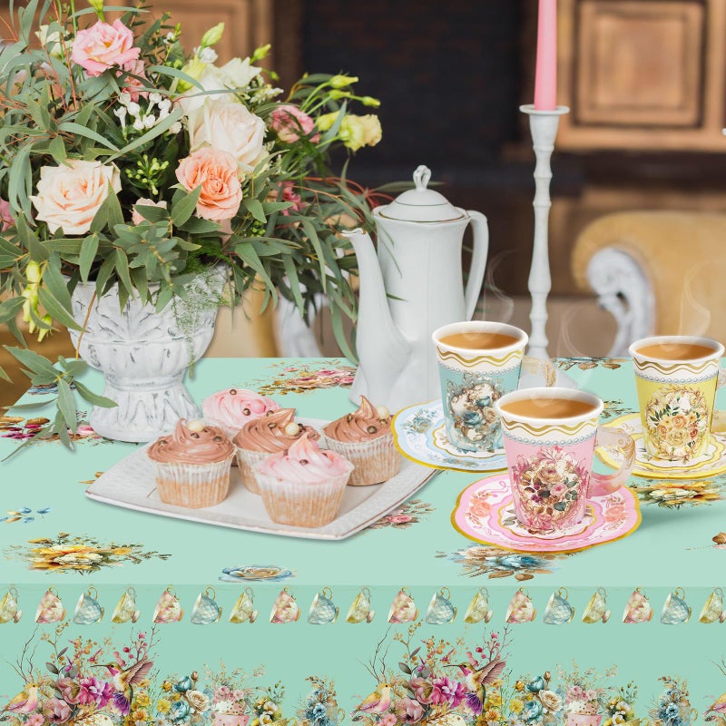 WorldBazaar Tea Party Supplies Floral Party Dinnerware 12 Set Paper Tea Cups and Saucers, Plates Napkins Tablecloth Birthday Table Decorations Girls Kids Adults Woman - Image 4