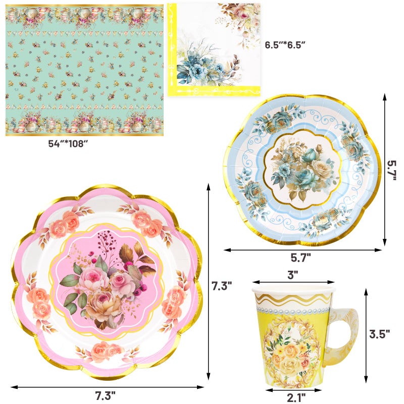 WorldBazaar Tea Party Supplies Floral Party Dinnerware 12 Set Paper Tea Cups and Saucers, Plates Napkins Tablecloth Birthday Table Decorations Girls Kids Adults Woman - Image 3