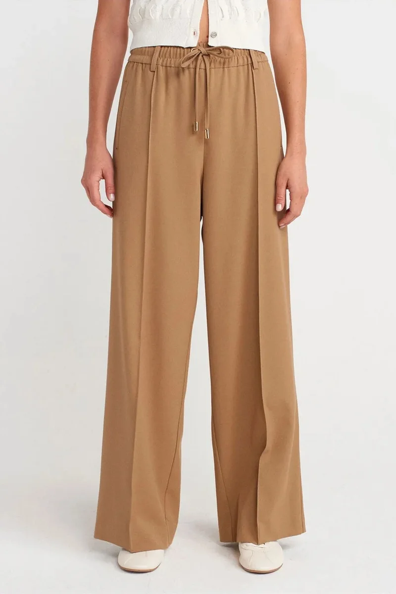 Dilvin Camel Brown DILVIN Wide-Leg Crepe Trousers With Drawstring Waist for Women | Best Price UAE