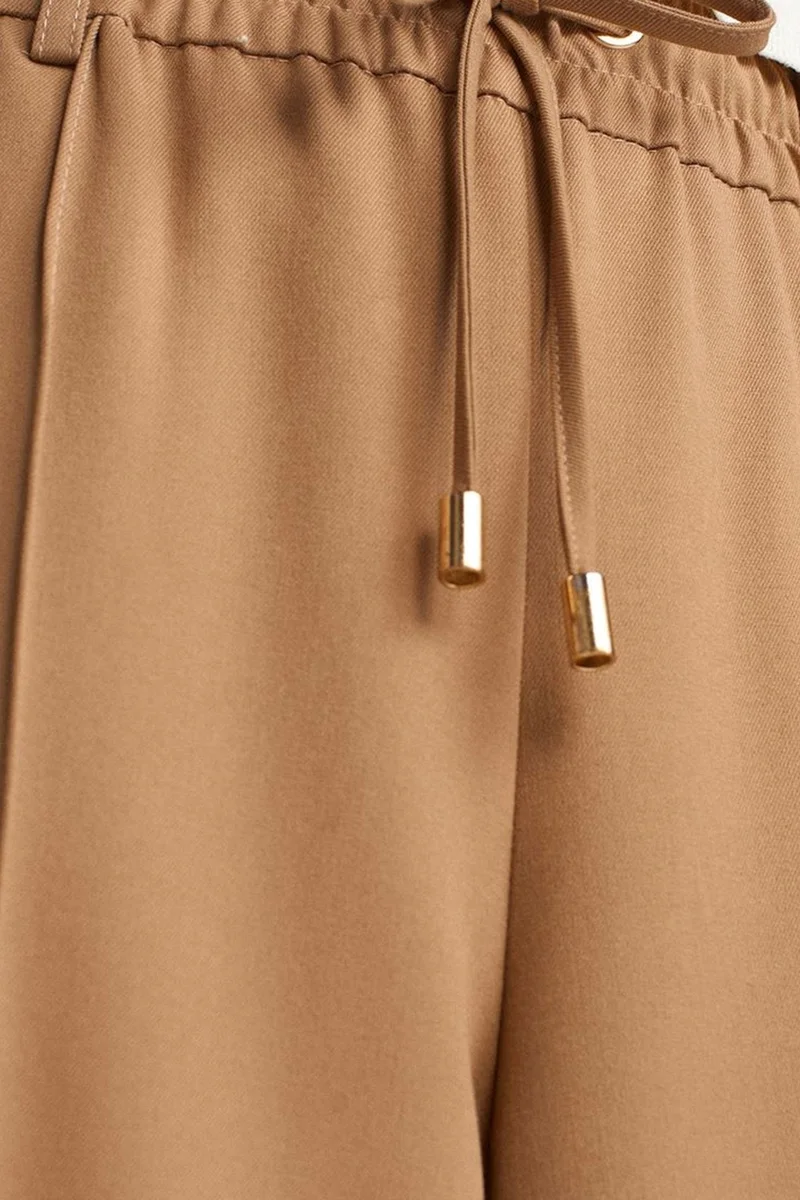 Dilvin Camel Brown DILVIN Wide-Leg Crepe Trousers With Drawstring Waist for Women | Best Price UAE