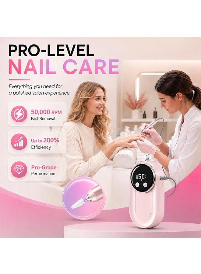 HAVEN Nail Drill Professional 50000 RPM，High Speed Professional Portable Nail File Kit ，Rechargeable Cordless Electric Nail Kit with Bits & Anti-Slip Back Pad for Acrylic Gel Nails Manicure Pedicure Polishing Cuticle and Home Salon Use - Image 2
