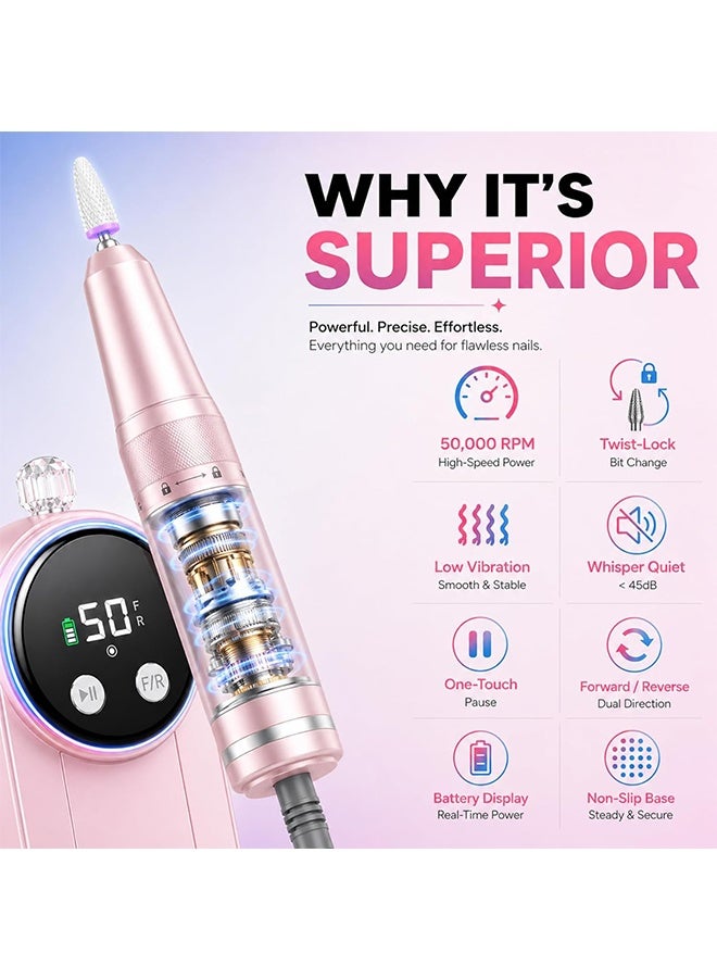 HAVEN Nail Drill Professional 50000 RPM，High Speed Professional Portable Nail File Kit ，Rechargeable Cordless Electric Nail Kit with Bits & Anti-Slip Back Pad for Acrylic Gel Nails Manicure Pedicure Polishing Cuticle and Home Salon Use - Image 3