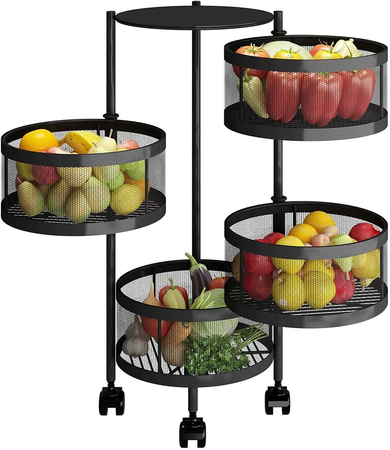 HOME CUBE Metal 1 Pc 4 Layer Floor Mount Kitchen Rotating Trolley Portable Storage Rack Round Design FruitsVegetable Onion Cutlery Spice JarsBlack Tiered Shelf - Image 1