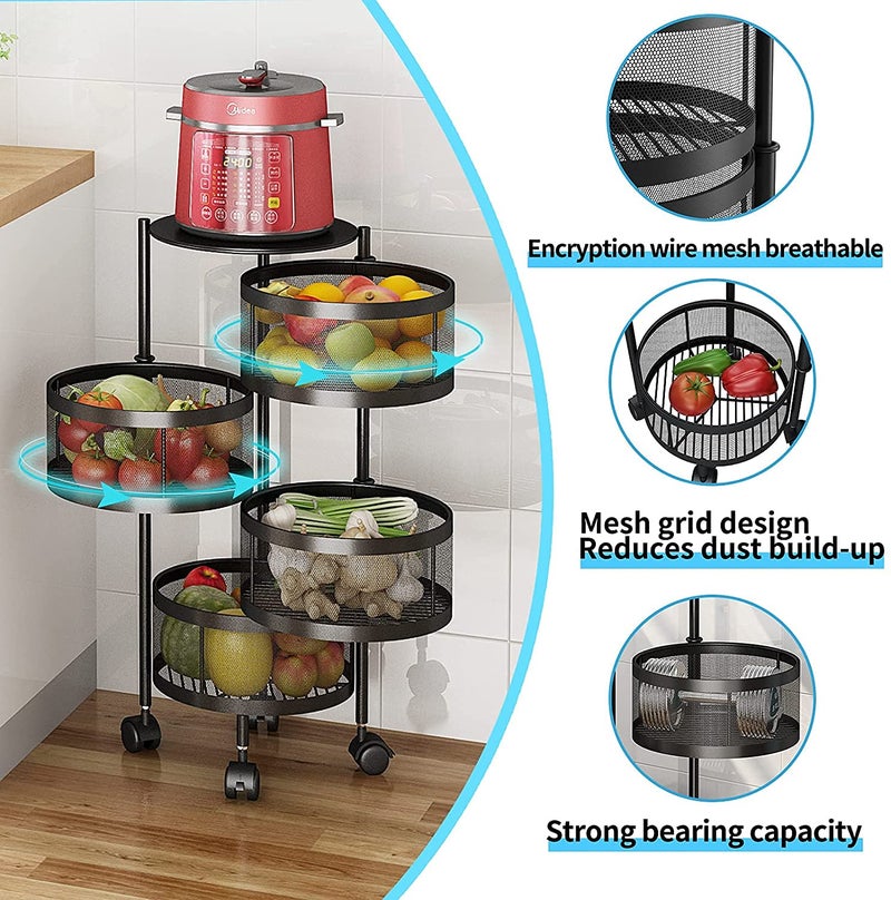 HOME CUBE Metal 1 Pc 4 Layer Floor Mount Kitchen Rotating Trolley Portable Storage Rack Round Design FruitsVegetable Onion Cutlery Spice JarsBlack Tiered Shelf - Image 3