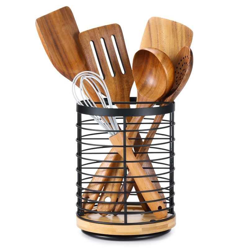 360 Rotating Utensil holder for Kitchen Counter 59 x 59 x 78 Large Round Utensils Holder with Wooden Base Matte Black Cooking Utensil HolderKitchen countertop Utensil Organizer