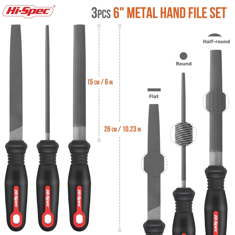 Hi-Spec 3pc Metal Hand File Tool Set Kit. Large Steel Files. Flat, Round & Half-Round for Crafts, Metal & Wood Work - Image 2