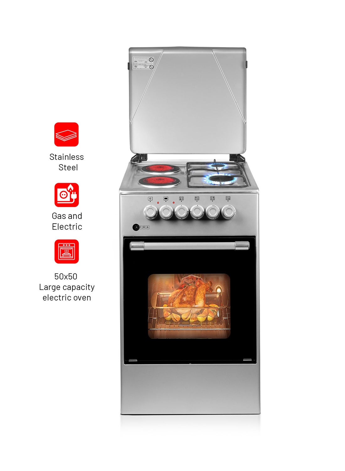 50x50 cm Free-Standing Gas & Electric Cooking Range, 2 Gas Burners + 2 Electric Hotplates, Inox Top, Thermostat-Controlled Electric Oven, Full Safety, Storage Drawer | 2-Year Warranty