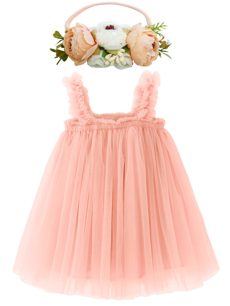 BGFKS Layered Tulle Tutu Dress for Toddler Girls,Baby Girl Rainbow Tutu Princess Skirt Set with Flower Headband.(Peach,12 Months) - Image 1