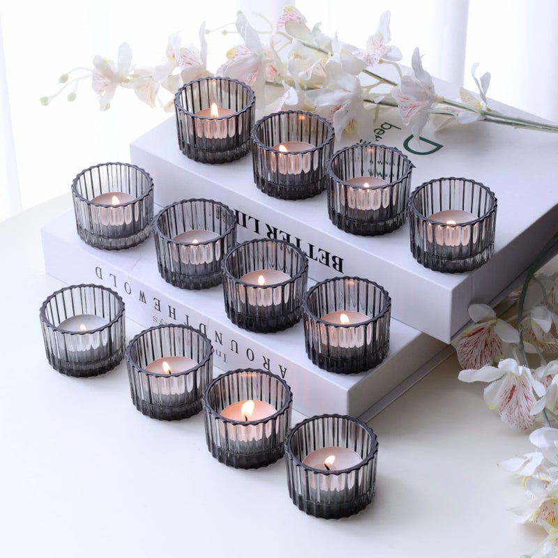 VOHO Classic Grey Tealight Candle Holder for Modern Home Decor, Set of 12 Tea Light Candle Holder Glass Ribbed Gifts for Thanksgiving Holiday, Small Votive Candle Holders for Birthday Themed Party - Image 2