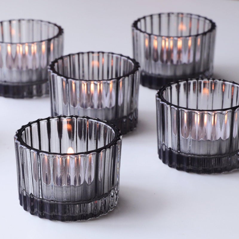 VOHO Classic Grey Tealight Candle Holder for Modern Home Decor, Set of 12 Tea Light Candle Holder Glass Ribbed Gifts for Thanksgiving Holiday, Small Votive Candle Holders for Birthday Themed Party - Image 1