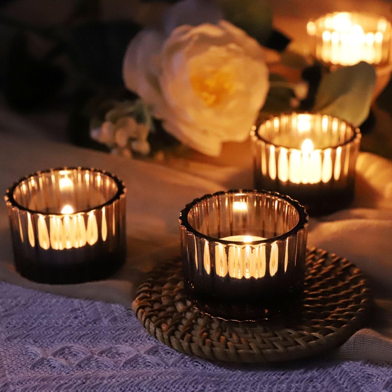 VOHO Classic Grey Tealight Candle Holder for Modern Home Decor, Set of 12 Tea Light Candle Holder Glass Ribbed Gifts for Thanksgiving Holiday, Small Votive Candle Holders for Birthday Themed Party - Image 3