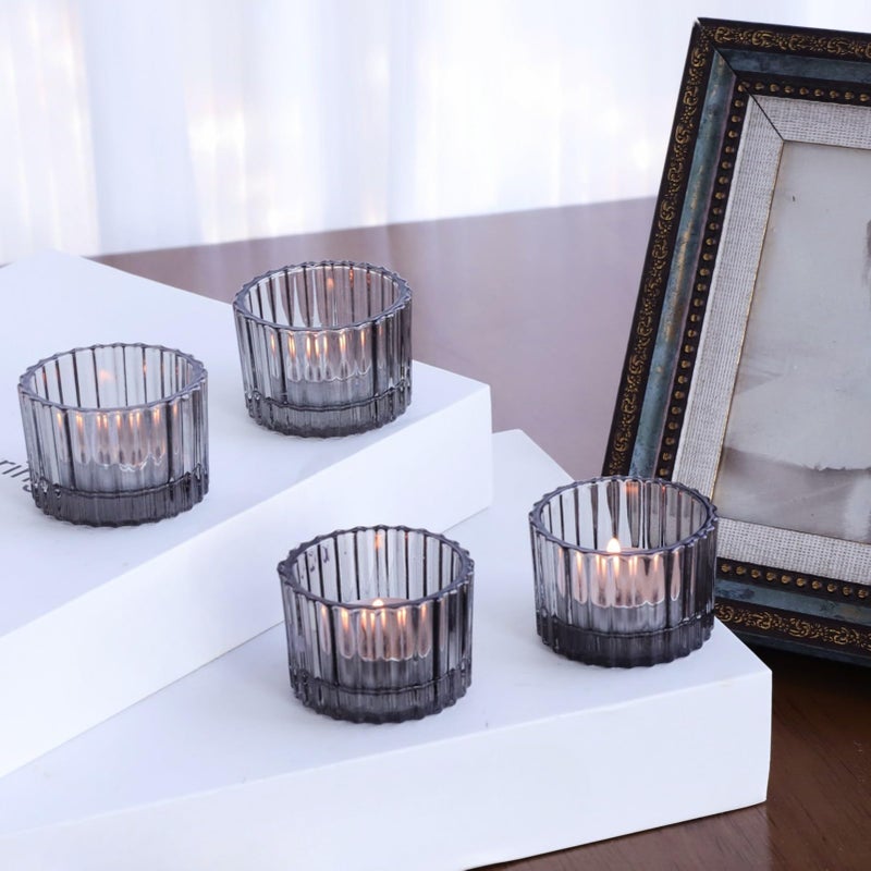 VOHO Classic Grey Tealight Candle Holder for Modern Home Decor, Set of 12 Tea Light Candle Holder Glass Ribbed Gifts for Thanksgiving Holiday, Small Votive Candle Holders for Birthday Themed Party - Image 5