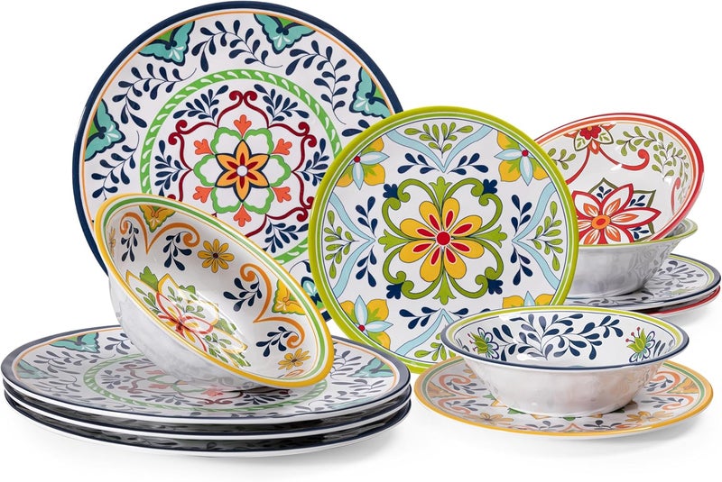 ZAROCRUS 12 pcs Talavera Melamine Dinnerware Set Service for 4 Melamine Plates and Bowls Set Unbreakable Dishes Dinnerware Set Great for RVs Camping BPA Free and Dishwasher Safe - Image 1