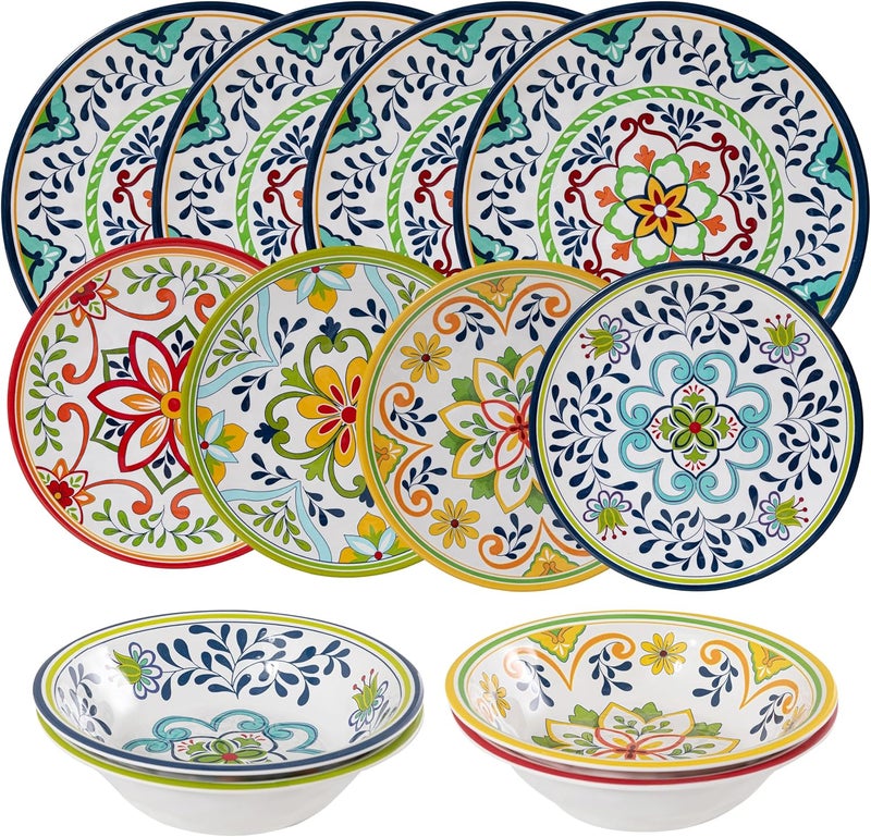 ZAROCRUS 12 pcs Talavera Melamine Dinnerware Set Service for 4 Melamine Plates and Bowls Set Unbreakable Dishes Dinnerware Set Great for RVs Camping BPA Free and Dishwasher Safe - Image 2