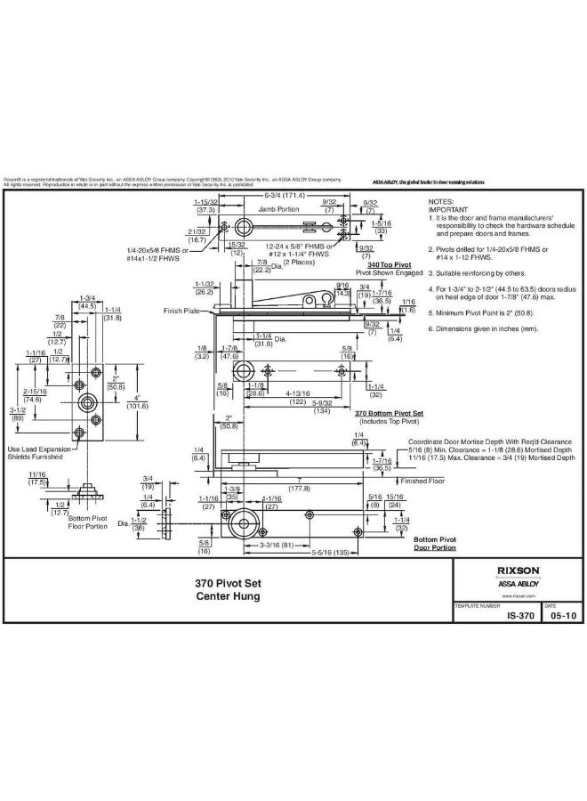 Rixson ASSA ABLOY Center Hung Pivot Hinges, Model 370, Interior or Exterior Doors up to 3' 8"x 8' 6" (500 lbs.), Color: Satin Chrome (626) - Image 4