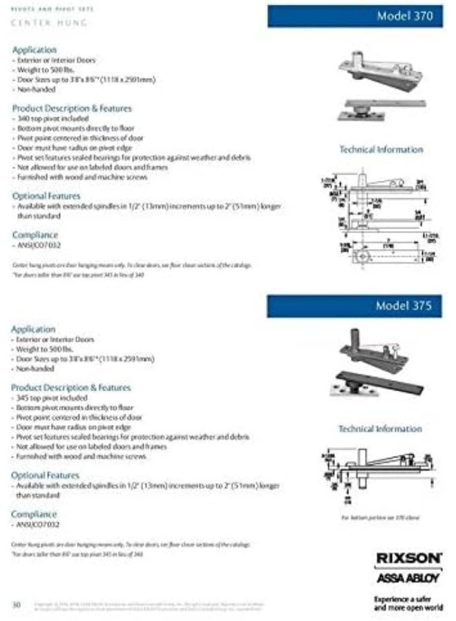 Rixson ASSA ABLOY Center Hung Pivot Hinges, Model 370, Interior or Exterior Doors up to 3' 8"x 8' 6" (500 lbs.), Color: Satin Chrome (626) - Image 3