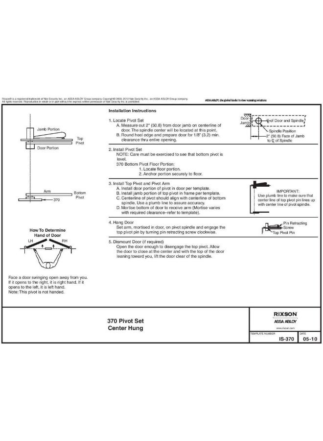 Rixson ASSA ABLOY Center Hung Pivot Hinges, Model 370, Interior or Exterior Doors up to 3' 8"x 8' 6" (500 lbs.), Color: Satin Chrome (626) - Image 5
