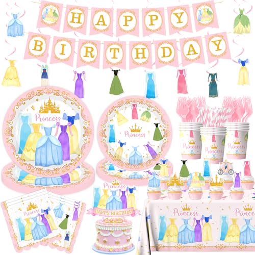 Cextoga Princess Birthday Party Decorations181pcs Princess Party Decorations Tableware Pink Princess Plates and Napkins Cups Tablecloth Banner Hanging Swirls Cake Topper for Girl Birthday SuppliesServe 24 - Image 1