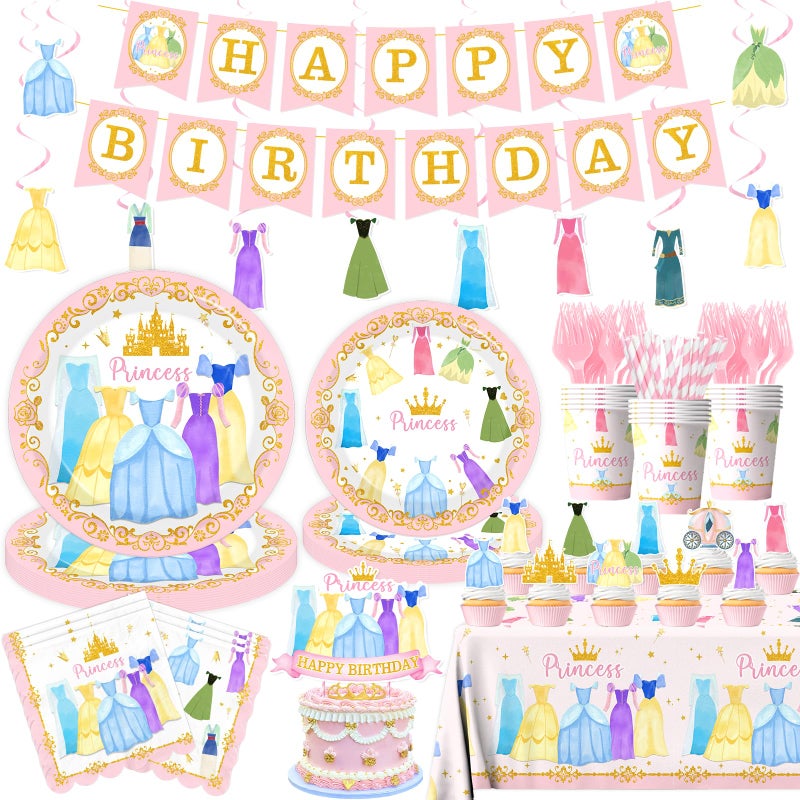 Cextoga Princess Birthday Party Decorations181pcs Princess Party Decorations Tableware Pink Princess Plates and Napkins Cups Tablecloth Banner Hanging Swirls Cake Topper for Girl Birthday SuppliesServe 24 - Image 2