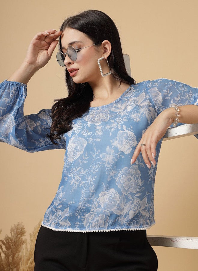 RAASSIO بلوزة زرقاء مطبوعة بالأزهار للنساء - Image 1