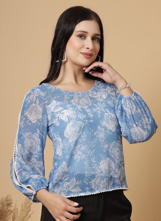 RAASSIO بلوزة زرقاء مطبوعة بالأزهار للنساء - Image 4