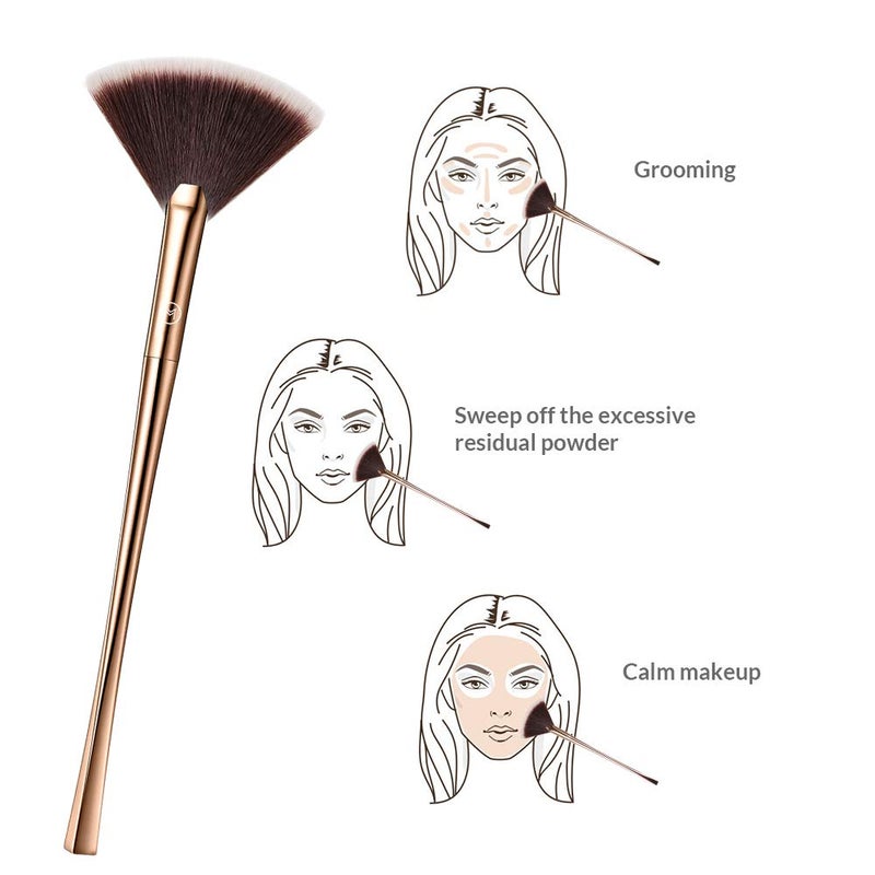 Brush Master Fan Makeup Brush For Highlighter, Blush, Flutty&Powder Cosmetic Tool w/Long Handle& Anti-Champagne Gold Brush - Image 3