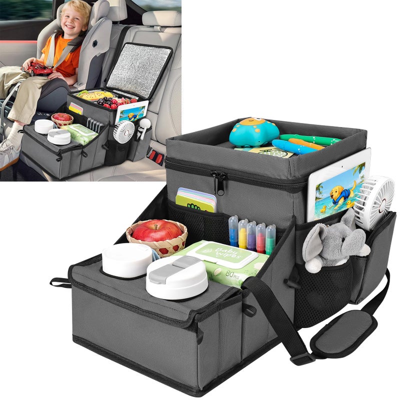 COOLBEBE Car Seat Organizer, Backseat Car Organizer with Cup Holders for Kids and Adults Travel, Cooler Compartment Passenger Seat Organizer Storage Box for Front or Middle Seat, Grey - Image 1