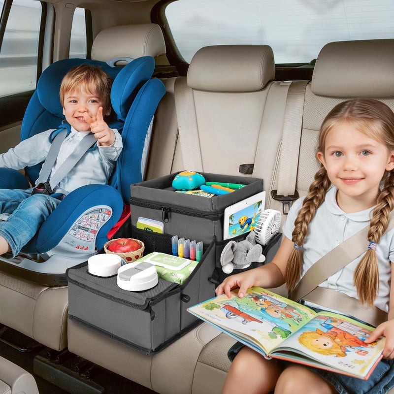 COOLBEBE Car Seat Organizer, Backseat Car Organizer with Cup Holders for Kids and Adults Travel, Cooler Compartment Passenger Seat Organizer Storage Box for Front or Middle Seat, Grey - Image 2