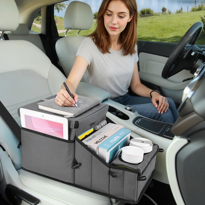 COOLBEBE Car Seat Organizer, Backseat Car Organizer with Cup Holders for Kids and Adults Travel, Cooler Compartment Passenger Seat Organizer Storage Box for Front or Middle Seat, Grey - Image 3
