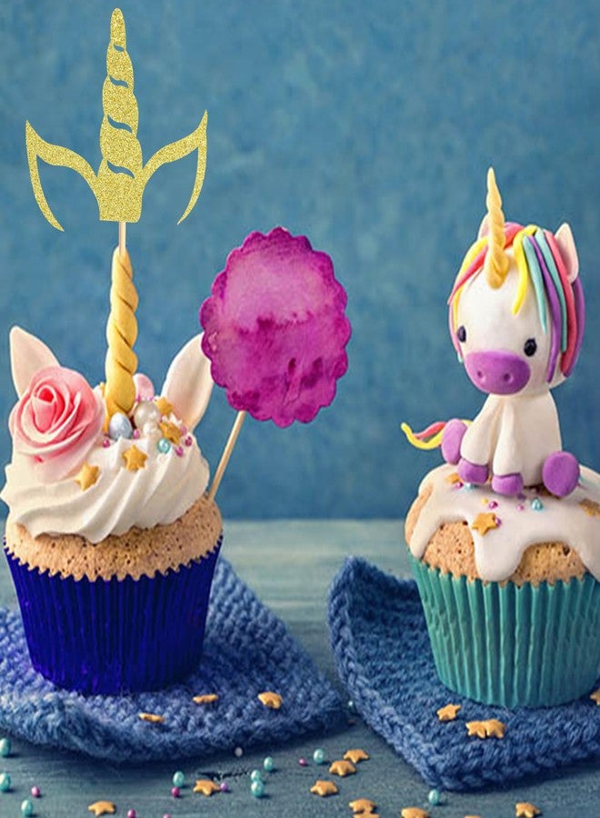 Arthsdite 24pcs Gold Glitter Unicorn Horn Cupcake Toppers for Unicorn Theme Party - Image 5