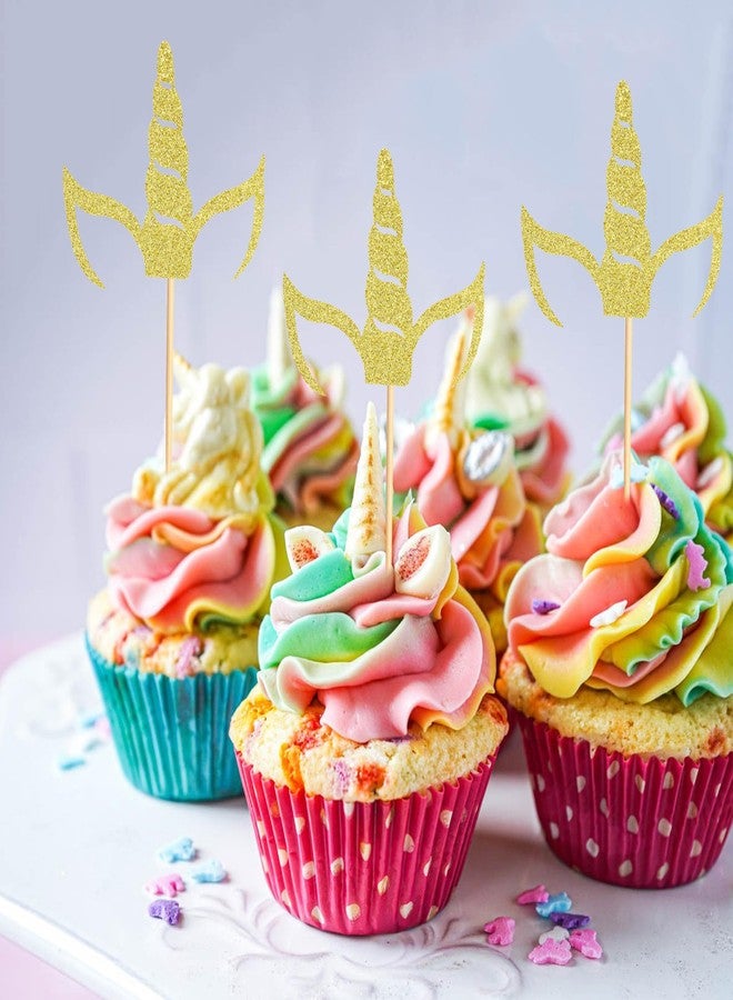Arthsdite 24pcs Gold Glitter Unicorn Horn Cupcake Toppers for Unicorn Theme Party - Image 3