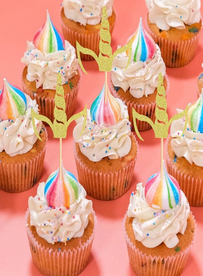 Arthsdite 24pcs Gold Glitter Unicorn Horn Cupcake Toppers for Unicorn Theme Party - Image 4